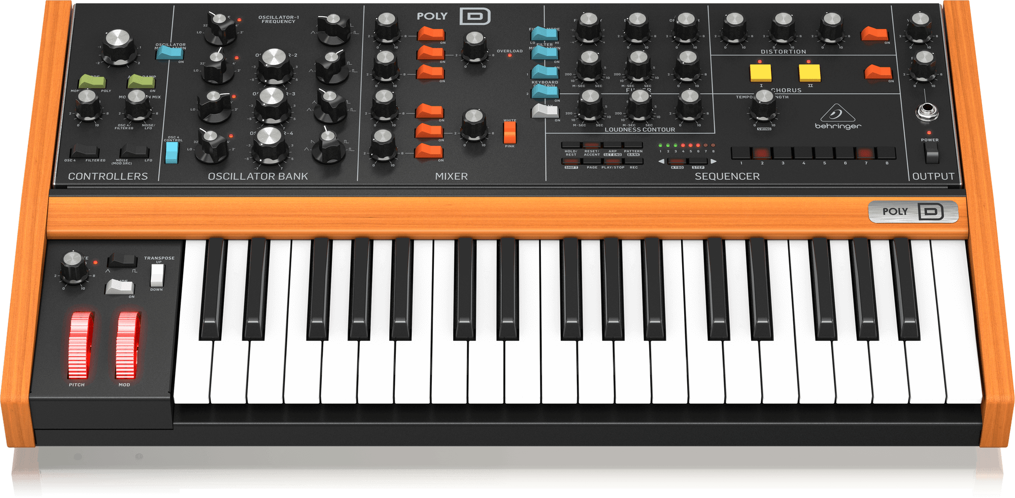 Behringer POLY D Analog 4-Voice Polyphonic Synthesizer with 37 Full-Size Keys, 4 VCOs, Classic Ladder Filter, LFO, BBD Stereo Chorus, Distortion, 32-Step Sequencer and Arpeggiator