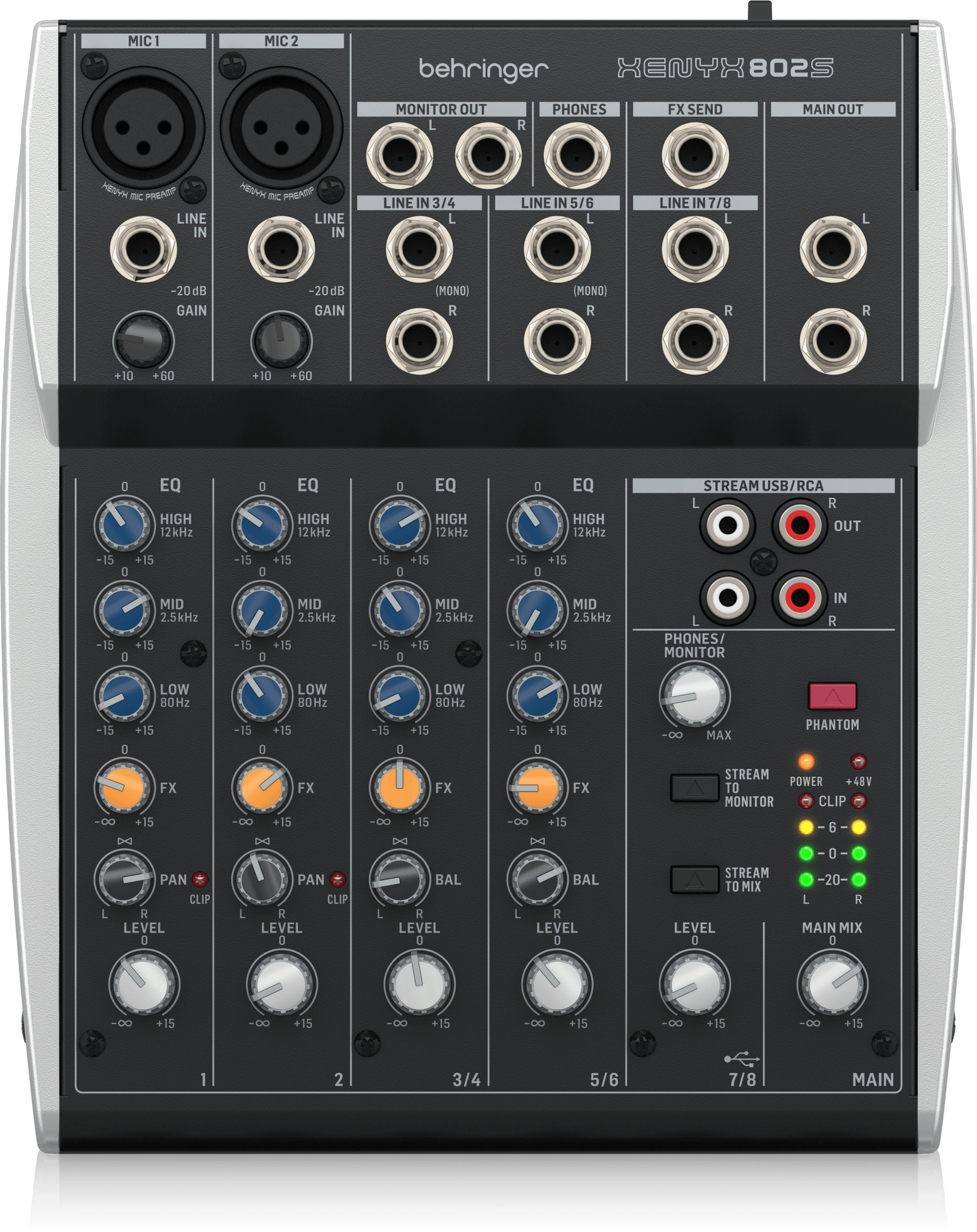 Behringer XENYX 802S Premium Analog 8-Input Mixer with USB Streaming Interface